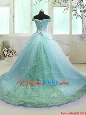 Beauteous Off the Shoulder Sleeveless With Train Hand Made Flower Lace Up Sweet 16 Quinceanera Dress with Light Blue Court Train