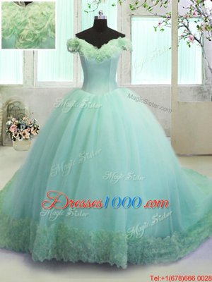 Dynamic Off the Shoulder Turquoise Lace Up Vestidos de Quinceanera Hand Made Flower Sleeveless With Train Court Train