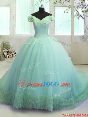 Dynamic Off the Shoulder Turquoise Lace Up Vestidos de Quinceanera Hand Made Flower Sleeveless With Train Court Train