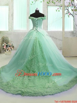 Dynamic Off the Shoulder Turquoise Lace Up Vestidos de Quinceanera Hand Made Flower Sleeveless With Train Court Train