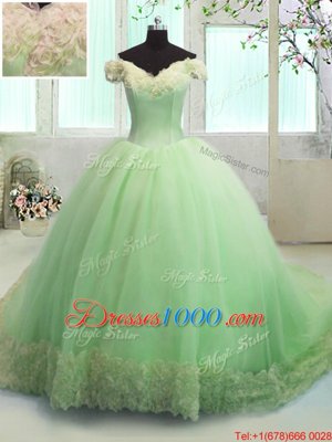 Off the Shoulder Apple Green Lace Up 15th Birthday Dress Hand Made Flower Short Sleeves With Train Court Train