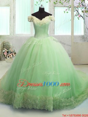 Off the Shoulder Apple Green Lace Up 15th Birthday Dress Hand Made Flower Short Sleeves With Train Court Train