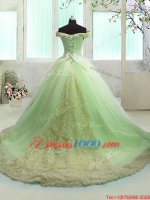 Off the Shoulder Apple Green Lace Up 15th Birthday Dress Hand Made Flower Short Sleeves With Train Court Train