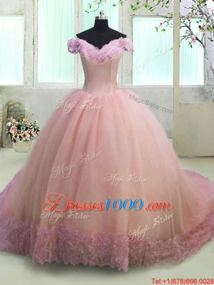 Lovely Off the Shoulder Pink Organza Lace Up Sweet 16 Quinceanera Dress Short Sleeves With Train Court Train Hand Made Flower