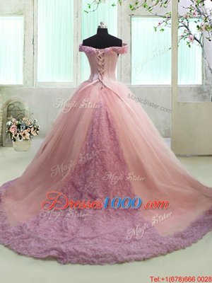 Lovely Off the Shoulder Pink Organza Lace Up Sweet 16 Quinceanera Dress Short Sleeves With Train Court Train Hand Made Flower