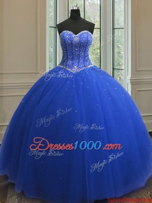 Nice Sequins Ball Gowns Sweet 16 Dress Royal Blue Sweetheart Tulle Sleeveless Floor Length Lace Up