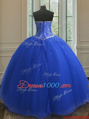 Nice Sequins Ball Gowns Sweet 16 Dress Royal Blue Sweetheart Tulle Sleeveless Floor Length Lace Up