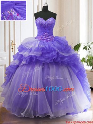 Fashionable Purple Quinceanera Gown Military Ball and Sweet 16 and Quinceanera and For with Beading and Ruffled Layers Sweetheart Sleeveless Sweep Train Lace Up