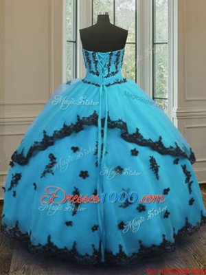 Clearance Appliques Sweet 16 Dress Aqua Blue Lace Up Sleeveless Floor Length