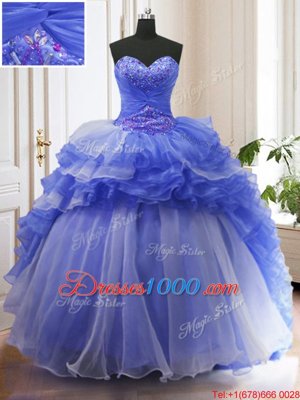 Sleeveless With Train Beading and Ruffled Layers Lace Up Quinceanera Gown with Blue Court Train