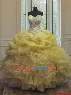 Yellow Sleeveless Floor Length Beading and Ruffles and Pick Ups Lace Up Ball Gown Prom Dress