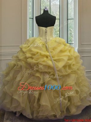 Yellow Sleeveless Floor Length Beading and Ruffles and Pick Ups Lace Up Ball Gown Prom Dress