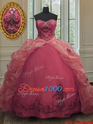 Comfortable Beading and Appliques and Pick Ups Quinceanera Gown Pink Lace Up Sleeveless With Train Court Train