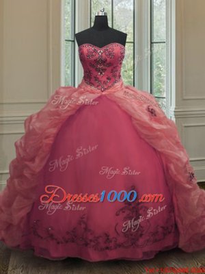 Comfortable Beading and Appliques and Pick Ups Quinceanera Gown Pink Lace Up Sleeveless With Train Court Train