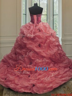 Comfortable Beading and Appliques and Pick Ups Quinceanera Gown Pink Lace Up Sleeveless With Train Court Train