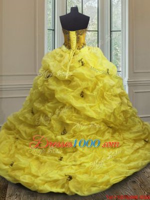 Light Yellow Sweetheart Neckline Beading and Appliques and Pick Ups Quince Ball Gowns Sleeveless Lace Up