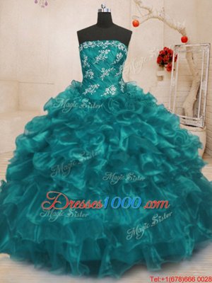 Great Ball Gowns Sweet 16 Quinceanera Dress Turquoise Strapless Organza Sleeveless Floor Length Lace Up