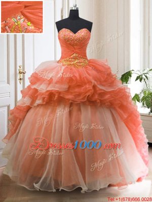 Eye-catching Ruffled Orange Red Sleeveless Organza Sweep Train Lace Up Sweet 16 Dresses for Military Ball and Sweet 16 and Quinceanera