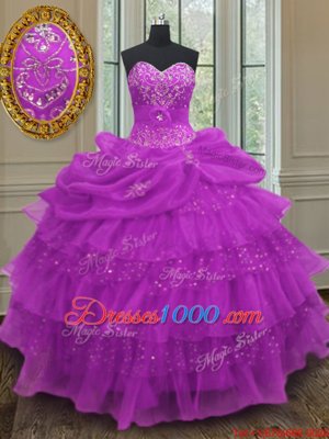 Hot Selling Halter Top Purple Sleeveless Beading and Ruffled Layers and Pick Ups Floor Length 15 Quinceanera Dress