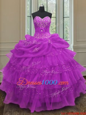 Hot Selling Halter Top Purple Sleeveless Beading and Ruffled Layers and Pick Ups Floor Length 15 Quinceanera Dress