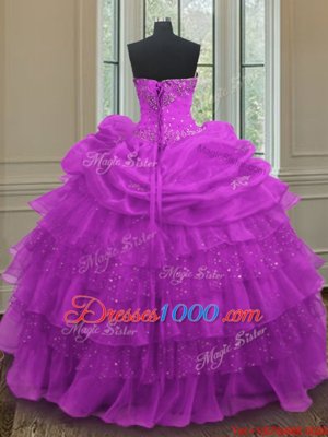 Hot Selling Halter Top Purple Sleeveless Beading and Ruffled Layers and Pick Ups Floor Length 15 Quinceanera Dress