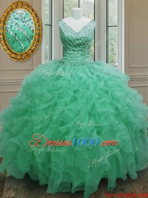 Apple Green Sleeveless Floor Length Beading and Ruffles Zipper Ball Gown Prom Dress