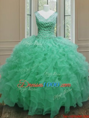 Apple Green Sleeveless Floor Length Beading and Ruffles Zipper Ball Gown Prom Dress
