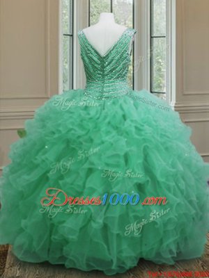 Apple Green Sleeveless Floor Length Beading and Ruffles Zipper Ball Gown Prom Dress