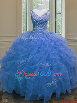 Floor Length Zipper Quinceanera Dress Blue and In for Military Ball and Sweet 16 and Quinceanera with Beading and Ruffles