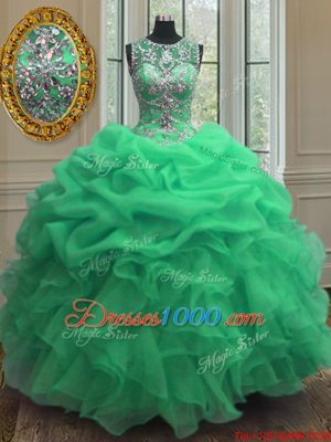 Green Organza Lace Up Scoop Sleeveless Floor Length Quinceanera Gown Beading and Ruffles