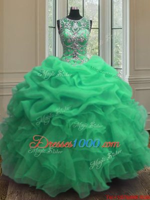 Green Organza Lace Up Scoop Sleeveless Floor Length Quinceanera Gown Beading and Ruffles