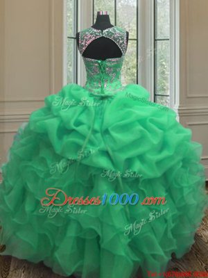 Green Organza Lace Up Scoop Sleeveless Floor Length Quinceanera Gown Beading and Ruffles