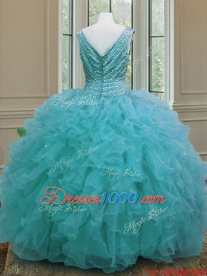 Popular Aqua Blue Sleeveless Floor Length Beading and Ruffles Zipper Vestidos de Quinceanera