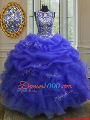 Scoop Royal Blue Ball Gowns Beading and Ruffles 15th Birthday Dress Lace Up Organza Sleeveless Floor Length