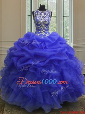 Scoop Royal Blue Ball Gowns Beading and Ruffles 15th Birthday Dress Lace Up Organza Sleeveless Floor Length