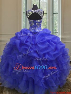 Scoop Royal Blue Ball Gowns Beading and Ruffles 15th Birthday Dress Lace Up Organza Sleeveless Floor Length