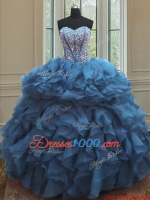 Latest Teal Sleeveless Organza Lace Up Ball Gown Prom Dress for Military Ball and Sweet 16 and Quinceanera