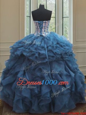 Latest Teal Sleeveless Organza Lace Up Ball Gown Prom Dress for Military Ball and Sweet 16 and Quinceanera