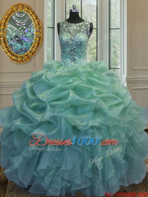 Organza Scoop Sleeveless Lace Up Beading and Ruffles and Pick Ups Ball Gown Prom Dress in Green