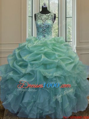 Organza Scoop Sleeveless Lace Up Beading and Ruffles and Pick Ups Ball Gown Prom Dress in Green