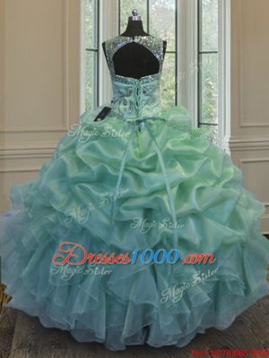 Organza Scoop Sleeveless Lace Up Beading and Ruffles and Pick Ups Ball Gown Prom Dress in Green