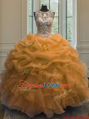 Pick Ups Scoop Sleeveless Lace Up Quinceanera Gowns Orange Organza