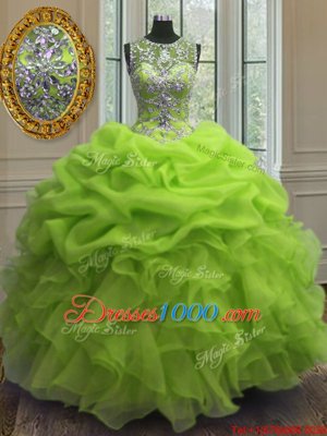 Scoop Sleeveless Organza 15th Birthday Dress Beading and Ruffles and Pick Ups Lace Up