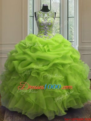 Scoop Sleeveless Organza 15th Birthday Dress Beading and Ruffles and Pick Ups Lace Up