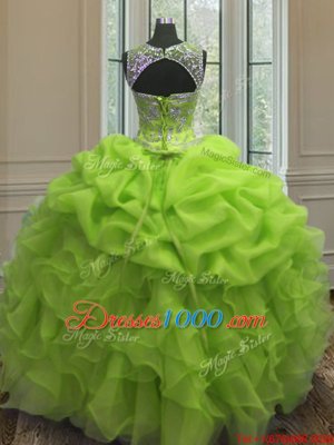 Scoop Sleeveless Organza 15th Birthday Dress Beading and Ruffles and Pick Ups Lace Up