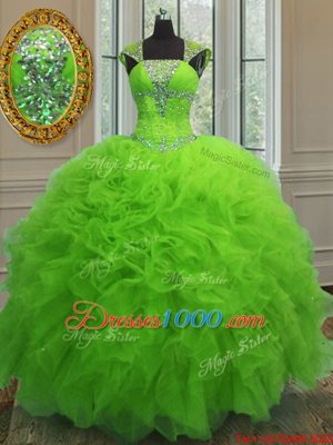 Glittering Straps Straps Cap Sleeves Lace Up Floor Length Beading and Ruffles and Sequins Quinceanera Dress