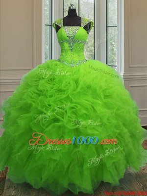 Glittering Straps Straps Cap Sleeves Lace Up Floor Length Beading and Ruffles and Sequins Quinceanera Dress