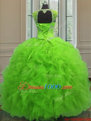 Glittering Straps Straps Cap Sleeves Lace Up Floor Length Beading and Ruffles and Sequins Quinceanera Dress