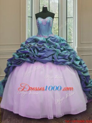 Blue And White Sleeveless Sweep Train Beading and Appliques and Pick Ups With Train Quinceanera Gowns