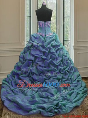 Blue And White Sleeveless Sweep Train Beading and Appliques and Pick Ups With Train Quinceanera Gowns